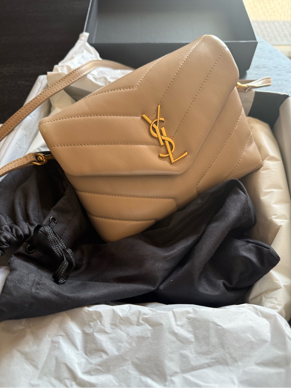 Saint Laurent Tan Quilted Leather Loulou Shoulder Bag with Gold YSL - Picture 3 of 11
